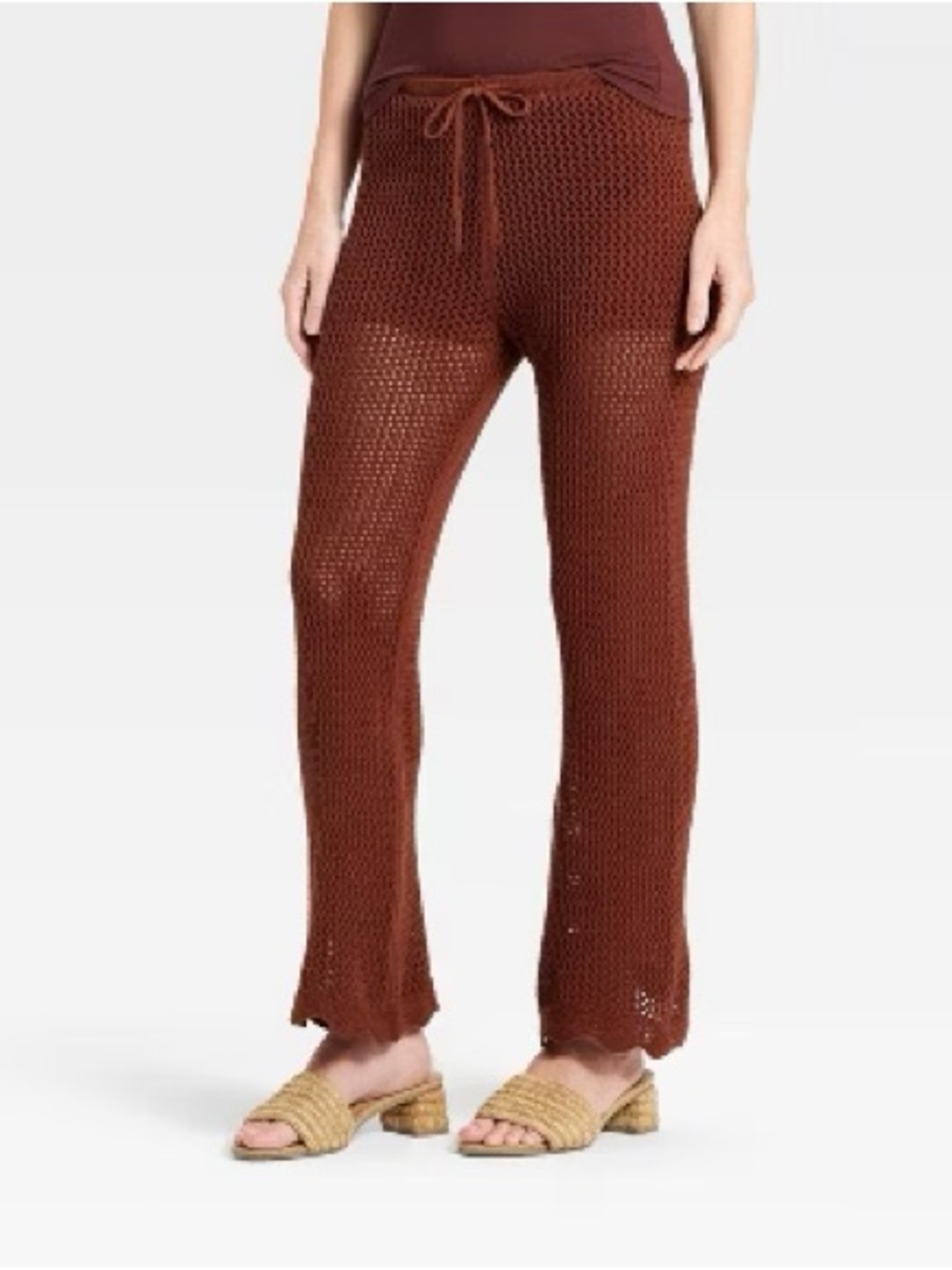 NWT Women's Pull-On Tie-Front Scalloped Crochet Sweater Pants A New Day XS Brown